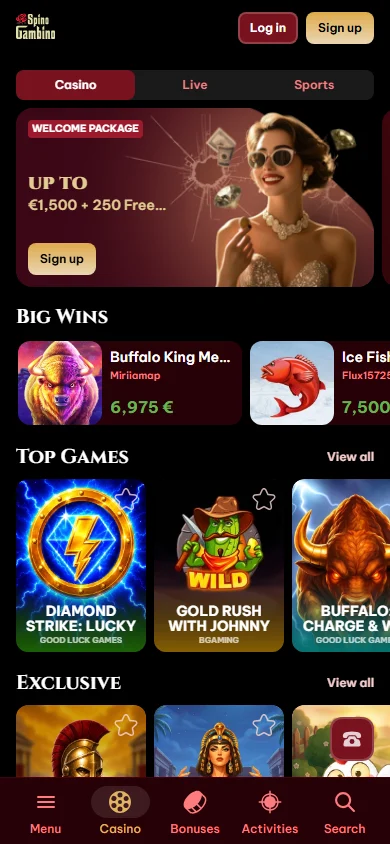 Spinogambino Casino home page on a mobile device
