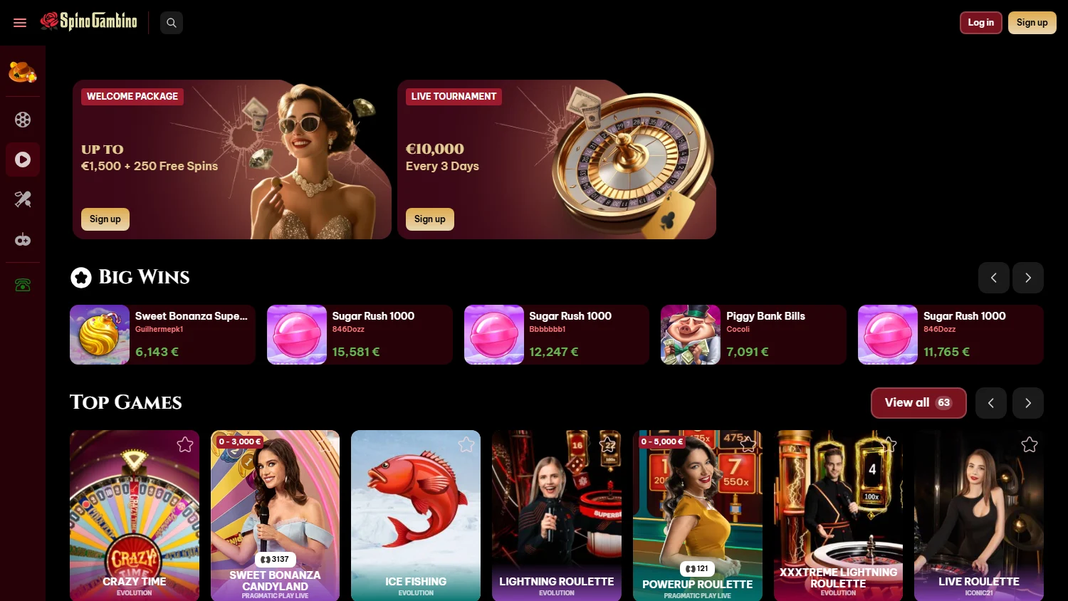 Spinogambino Casino games area on desktop