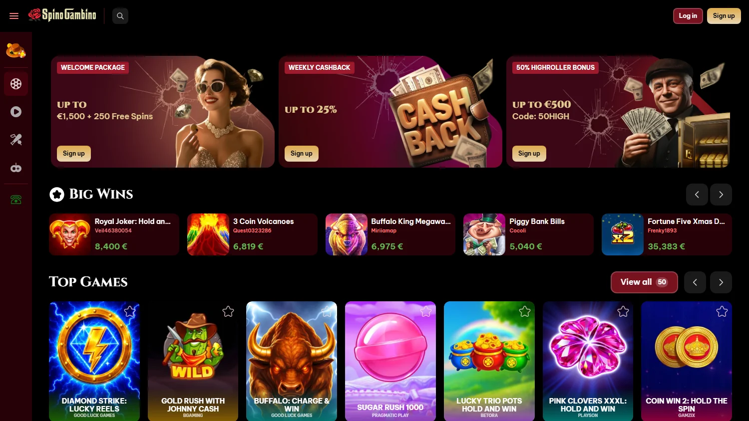Spinogambino Casino home page on desktop